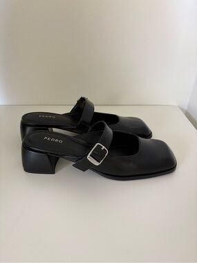 Pedro Black Leather Heeled Mary Jane Mules with Buckle Size 7